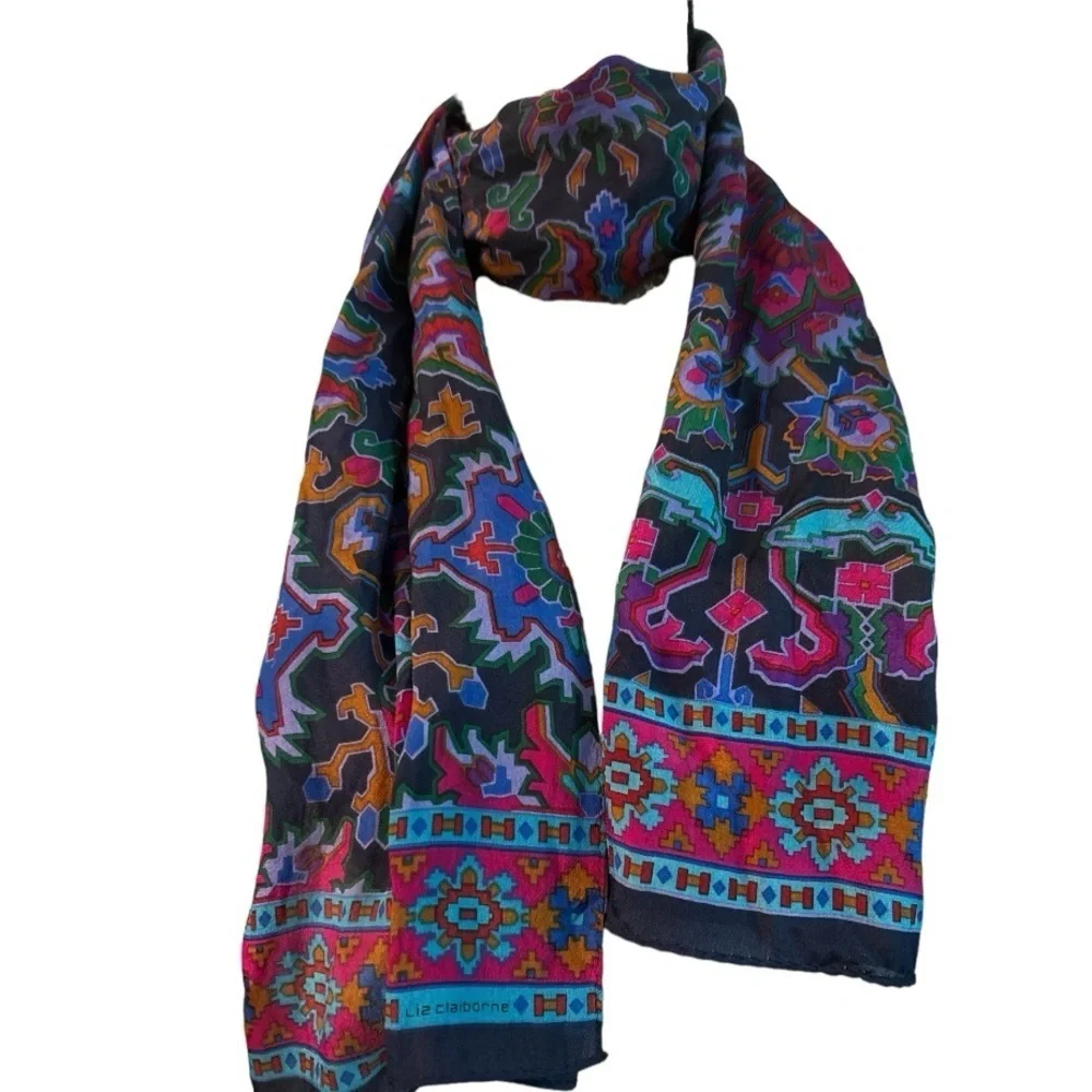 Scarf, geometric print in rich colors, oblong, silky feel. Vintage.